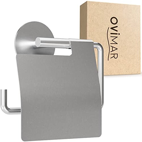 ovimar Toilettenpapierhalter Hanstholm ohne Bohren silber | Klorollenhalter selbstklebend in Edelstahl | Klorollenhalter mit Deckel | WC Rollenhalter mit Absenkdämpfung zum Kleben 3M | WC Papierhalter