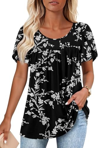 Anymiss Womens Tunic Tops 2026 Summer Spring Casual Blouses Ladies Holiday Crew Neck Short Sleeve Shirts Black Carving XL