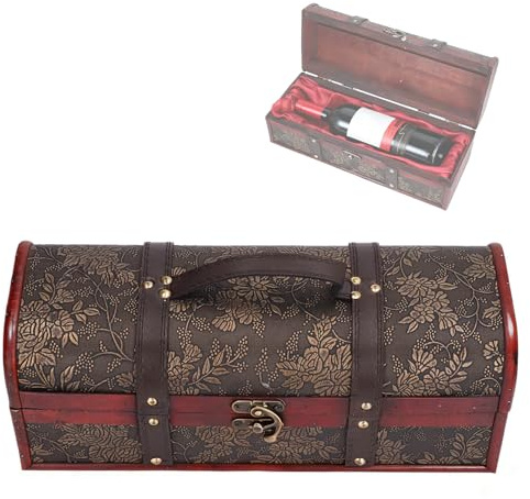 Tissting Holz Vintage Rotwein Champagner Flasche Box Halter, Holz Weinkiste Gedrucktes Muster Alkoholflasche Geschenkverpackung Champagner Lagerung, Vintage Deko Geschenkbox mit Deckel aus Holz