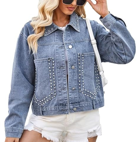babao Mit Nieten besetzte Jeansjacke für Damen, übergroße, verkürzte Jeansjacke für Damen, Jeansmantel im Used-Look