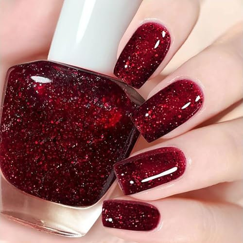 Wine Red Glitter Nail Polish - Chip Resistant & Quick-Drying Burgundy Red Varnish for DIY Nail Art Manicure at Home - Long-Lasting, Breathable Nail Polish for Non-Baking Finish
