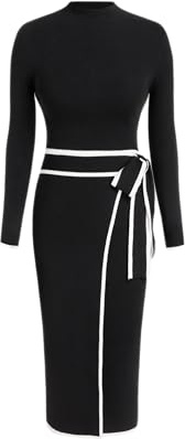 CIDER Sweater Dress for Women Long Sleeve Dress Mock Turtleneck Bow Tie Midi Work Dresses Old Money Dresses Fall Winter: Black, M