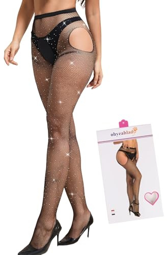 ohyeahlady Taglie Forti Collant Aperti al Cavallo Strass Scintillanti Calze a Rete Elastiche Traspiranti Autoreggenti Aperta Vita Alta Stockings con Apertura Intimo Curvy Lingerie Nero,L-XXL