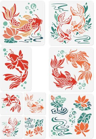 9 x Koi Fisch Schablonen Vorlage DIY Bastelarbeiten Wiederverwendbare Kunststoff Schablonen Zum Bemalen von Wänden Böden Stoffen Möbeln Und Glas