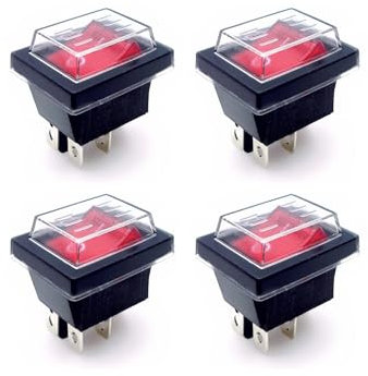JZK Lot de 4 interrupteurs à bascule marche/arrêt, 4 bornes, lumière rouge, 16 A, 250 V CA, avec couvercle étanche, pour machines électriques