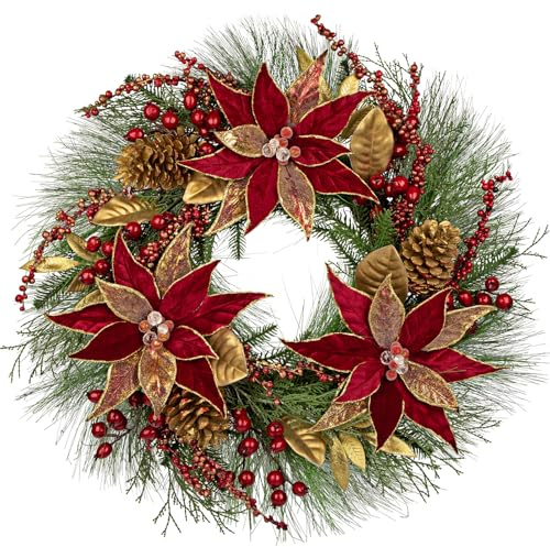 Arborus Dekor Ganzjährig 60 cm Kranz Haustür Rot Kranz Tannenkranz Künstlich mit Weihnachtssterne Künstlicher Adventskranz Tür Tisch Wand Wohnung Büro Zuhause