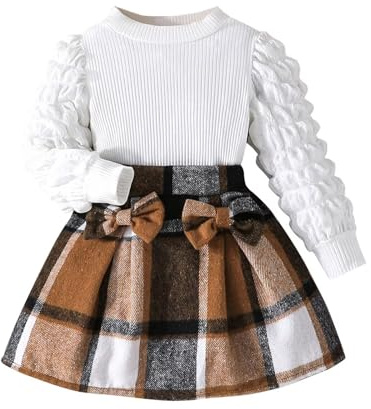 Guoegh Baby Girls Clothes Gingham Outfits Toddler Puff Long Sleeve Knit Ribbed Shirt Tops Plaid Skirt Sets 2Pcs Kids Bow Autumn Winter A-line Dress（Khaki, 7-8 Years