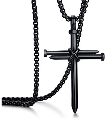Rehoboth Men's Stainless Steel Nail Cross Pendant Necklace for Womens Mens With 24 Inch Chain Polished Black