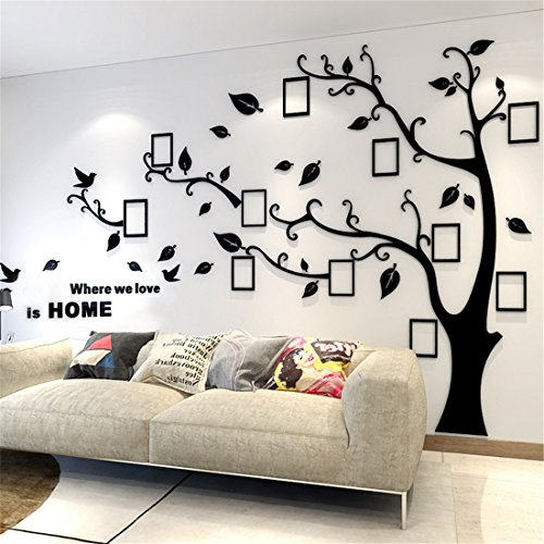 Wandtattoo Baum 3D DIY Wandaufkleber Family Stammbaum Fotowand Baum Wandtattoo Wall Sticker mit Bilderrahmen Foto Wandsticker Wohnzimmer Schlafzimmer (Schwarz Links,L)