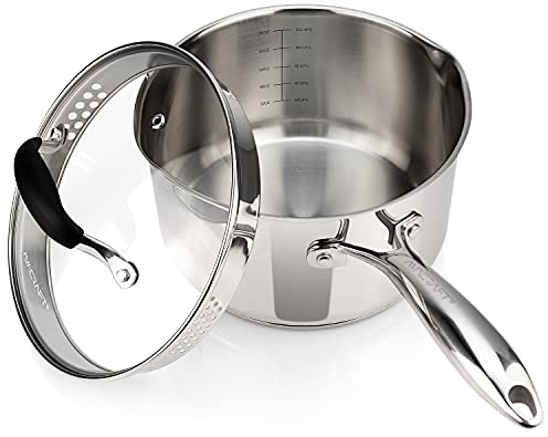 AVACRAFT Stainless Steel Saucepan with Glass Strainer Lid, Two Side Spouts for Easy Pour with Ergonomic Handle, Multipurpose Sauce Pot (5-Ply Capsule Bottom, 3.5 Quart)