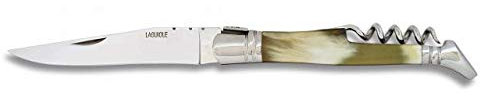 Navaja LAGUIOLE con SACACORCHOS Mango de Asta Toro Hoja de Acero INOX inoxidable de 10 cm para Camping, Caza, Pesca, Supervivencia y Bushcraft Albainox 10696 + Portabotellas de regalo