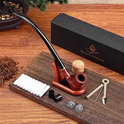 Joyoldelf Tobacco Pipe, Churchwarden Rosewood Smoking Pipe with Pipe Stand, Pipe Bit, 3-in-1 Scraper, Pipe Filter, Cork Knocker, Metall Ball & Delicate Gift Box