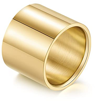 Mesnt Ring Vergoldet Herren, Goth Ring Herren, Glatter Ring 18 MM Breit Ring aus Edelstahl Gold Größe 62 (19.7)