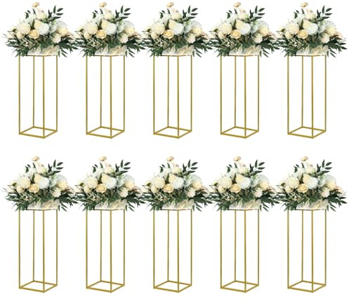 YALLOVE 10 Pack 23.75 Inch Gold Wedding Flower Stand Metal Vase Column Stand Geometric Centerpiece Vase for Home Party Wedding Decorations, Rectangular Flower Display Rack