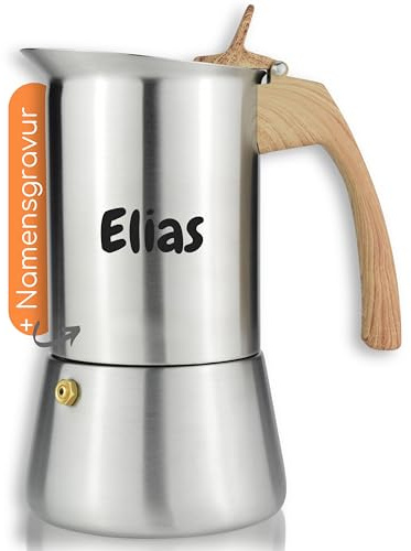 Milu Caffettiera Induzione con incisione | 2, 4, 6, 9 Tazze | Caffettiera Espresso in Acciaio Inox, Adatta all'Induzione, Set comprendente sottobicchiere, cucchiaio (Aspetto legno, 6 tazze (300 ml)