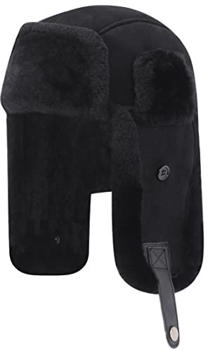 Harssidanzar Lammfell Shearling Wintermütze für Herren und Damen Echtes Leder Trappermütze Fliegermütze Aviatormütze Hut mit Ohrenklappen CU603EU, Schwarz,Größe M