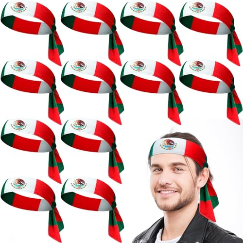 12 Pcs Mexico Country Flag Headbands Mexican Bandana with National Flag Headband Sweatbands for Men Women Sports(Lace up)