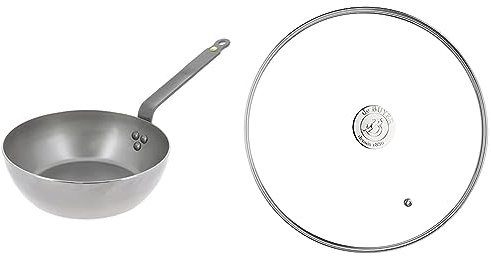 DE BUYER 5614.28 'Mineral B Element' Poêle Paysanne Ronde - Revêtue de Cire d'Abeille - Tôle d'Acier Blanche, Diamètre 28 cm, Gris & 3429.28 -couvercle verre milady ø28