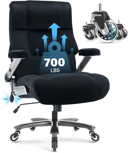 Big and Tall Office Chair 700lbs- Executive Desk Chair with Adjustable Lumbar Support 3D Flip UP Arms- Heavy Duty Quiet Wheels Metal Base Ergonomic Computer Chairs, Black