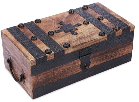 Ajuny Wooden Handcrafted Pirate Treasure Chest Jewellery Box Multipurpose Gift Vintage Shell Strips Keepsake Trinket Storage Organizer for Rings, Necklaces & More Organizer, 11x6 Inch