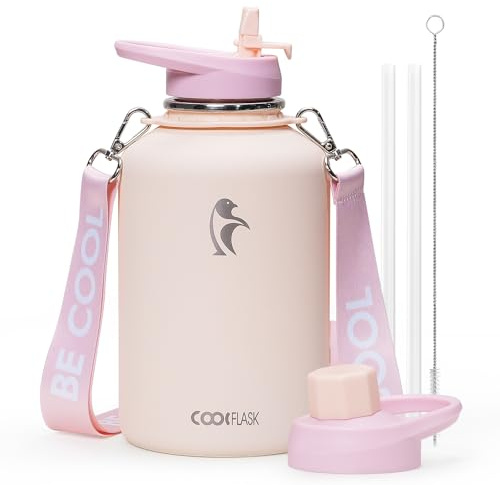 Coolflask Botella de agua de medio galón aislada con popote, jarra de agua grande de 64 onzas con tapa de popote y boquilla, termo de metal de acero inoxidable de doble pared, mantiene el frío 48