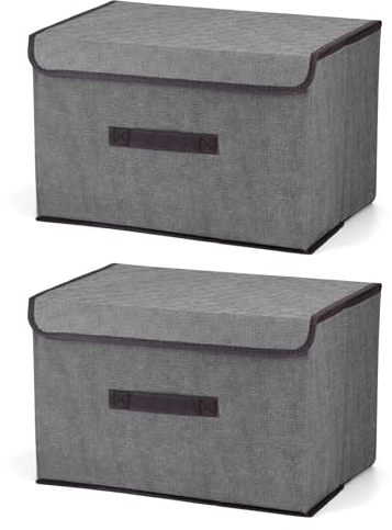 QWORK® 2 Stück klappbare aufbewahrungsbox mit Deckel, Aufbewahrungsboxen mit Deckel aus Stoff, 36 x 23 x 24 cm, grau, für Kleidung, Spielzeug und Garderobenorganisation