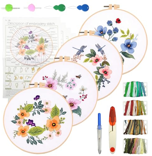 MytaYt 4 Stück Sticken Anfänger Set Blumenmuster Stickerei Set Anfänger Kreuzstich-Set Embroidery Starter Kit mit Stickrahmen Farbfäden und Anleitung Stickset für DIY Kunst Handwerk Nähen