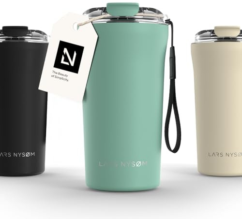 LARS NYSØM Mug Isotherme Cafe to-go avec sangle et couvercle en tritan 500ml | Tasse de voyage 0.5 litre avec isolation | Tasse thermique étanche en acier inoxydable (Aqua Turquoise, 500ml)