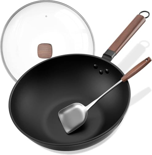 Yhngly Wok Pan, 33cm/5.6L Non Stick Wok with Lid and Spatula Carbon Steel Woks, No Chemical Coated Woks for All Induction, Gas, Hobs (Black)
