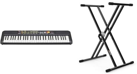 Yamaha PSR-F52 Arrangeur - Clavier Compact pour Débutants avec 61 Notes, 144 Sons & Audibax Onyx 130 - Support de Clavier Articulé Double
