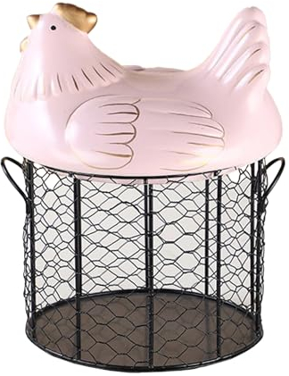 Ceramic Egg Storage Basket Hen Shape Storage Basket Metal Wire Egg Holder Black Wire Egg Collection Baskets with Ceramic Lid Egg Storage Container for Kitchen (pink)