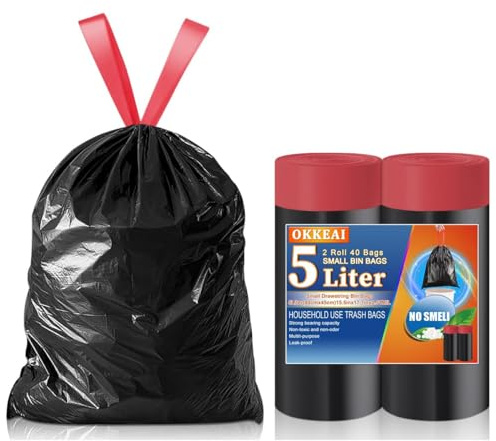 OKKEAI Müllbeutel Schwarz 5L Für Bad, Kleine Mülltüten, 40 Stück | Mit Kordelzug Für Saubere Entnahme, Auslaufsicher, Geruchsneutral, Kompaktes Format Für Kleine Eimer