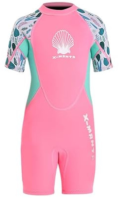 Wetsuit Kids Shorty Neoprene Thermal Diving Swimsuit 2.5MM for Girls Boys Youth Teen Toddler Kids One Piece Children Rash Guard Swimming Suit UV Protection Sunsuit for Surfing Suit (Pink,Small)