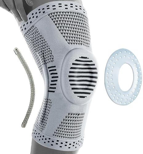 360 RELIEF Rodillera Compresion Hombre Mujer, Rótula Gel Y Estabilizadores | 1x Rodillera Rotuliana para Soporte, Running, Caminar, Senderismo, Rodillera de Compresió M Gris