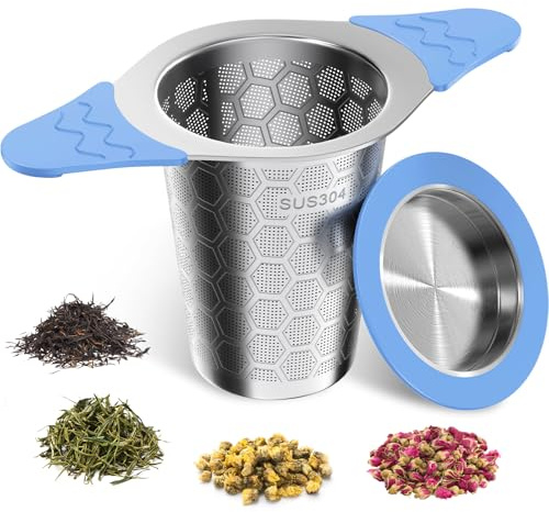 Tea Strainer for Loose Tea, 304 Stainless Steel Tea Infuser with Lid & Double Silicone Handles, Tea Filter Fine Mesh, Teapots, Cups, Tea Diffusers for Loose Tea - Blue