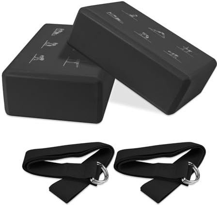 IBEQUEM Juego de 2 bloques de yoga, bloques de espuma EVA antideslizantes de alta densidad con 2 correas de estiramiento ajustables, ideal para pilates y estiramientos, regalo perfecto para