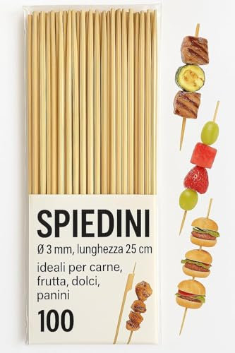Juego de 100 Pinchos de Madera 25 cm x 3 mm – Palillos Largos para Carne, Fruta, Dulces, Panecillos, Barbacoas y Finger Food – Naturales, Resistentes, Desechables, Eco-Friendly (100)