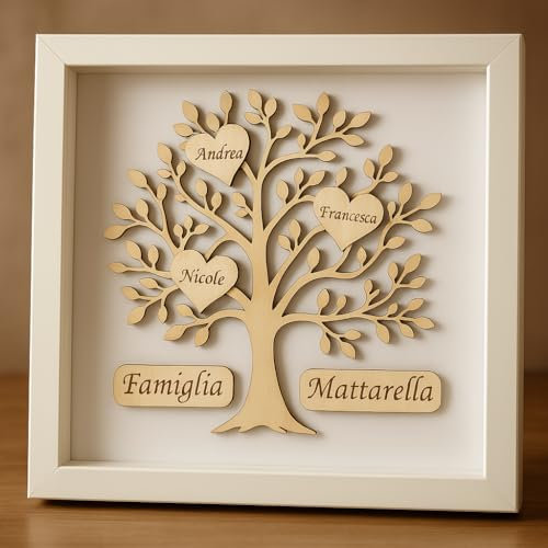 Quadro Personalizzato Albero della Vita in Legno con Cornice, Regalo Famiglia con Nomi Incisi, Decorazione da Parete o Tavolo, Bianco