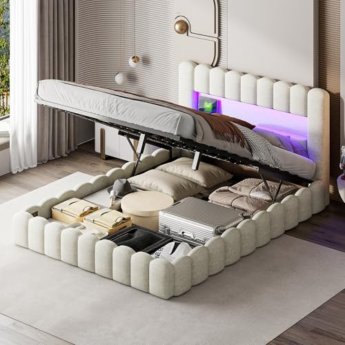 PerGar Bubble Bett 160x200cm, Polsterbett Doppelbett mit LED, USB Ladefunktion und Bettkasten, Hydraulisch Stauraumbett Funktionsbett Rückenlehne Bettgestell Jugendbett, Beige, Leinen, Ohne Matratze