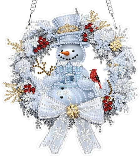 MXJSUA Weihnachts-Schneemann-Kranz Kardinal Diamond Painting Anhänger mit Kette Erwachsene, Diamant Painting Fensterbilder Hängende Ornament Bastelset Set für Wand Und Eingang Decor 18.4x19.9CM