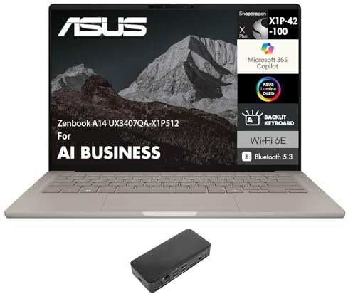 ASUS Zenbook A14 AI Business Laptop 14.0 WUXGA (Qualcomm Snapdragon X Plus X1P-42-100, 16GB LPDDR5X, 512GB SSD, Qualcomm Adreno, Win 11 Home) w/USB-C Dock