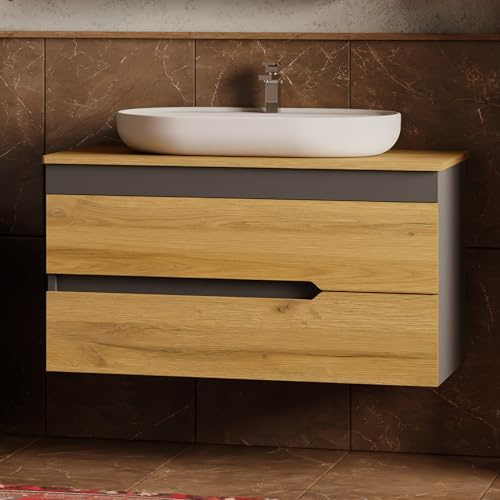 Karen Waschtisch mit Unterschrank Marmara | Keramikwaschbecken | Hängeunterschrank mit Schubladen | Badmöbel | Holzfurnier | Anthrazit & Eiche | Natur Stil | Badezimmerschrank (Marmara 100 Konsole)