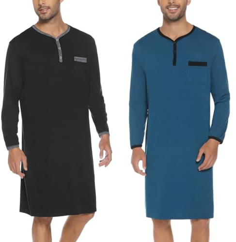 Chemise de Nuit Homme Coton Pyjama Manches Longues Hauts de Pyjama Homme Tee-Shirt Long Col V avec Boutons Vêtements d'Intérieur T-Shirt Grande Taille Douce Confortable Bleu+Noir-A XL