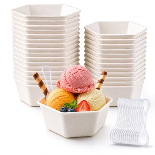 dellyy 50 Piezas Cuencos Helado Papel 118 ml, Biodegradable Cuencos para Helados Desechables con Cucharas, para Yogur Helado y Sopa, Resistentes y Antifugas, Set para Fiestas