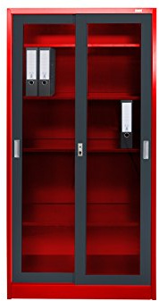 Jet-Line® | Aktenschrank | St. Petersburg | dunkelgrau rot | Büroschrank | Schiebetüren aus Glas | abschließbar | Fachböden | Lager | Büroraum | Werkstatt | 90 x 40 x 185 cm