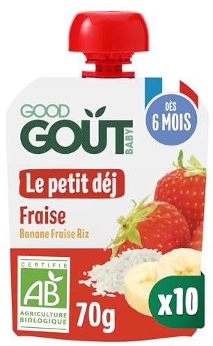 GOOD GOÛT - Petit Déj Fraise - Gourde Pour Bébé - Dès 6 Mois - Format Nomade - Sans Sucres Ajoutés - 10x70g