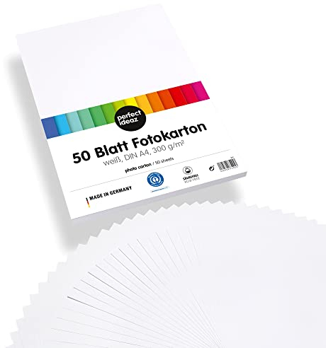 perfect ideaz – 50 Blatt Fotokarton DIN A4, 300 g/m² – Weiß, durchgefärbt & lichtbeständig – Bastelkarton für Scrapbooking, Karten, DIY – Blauer Engel, Made in Germany