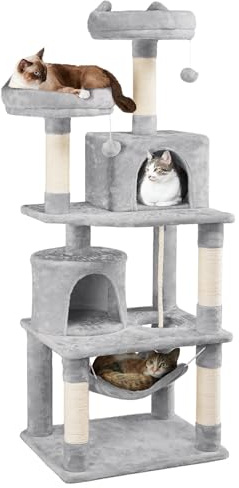 Yaheetech Rascador para Gatos de 158 cm Torre de Gatos Grandes Gris Claro | Hamaca, Correa antivuelco, postes cuerda de sisal, Bola colgante sustituible,Perca ancha,fácil de montar,estable a los saltos