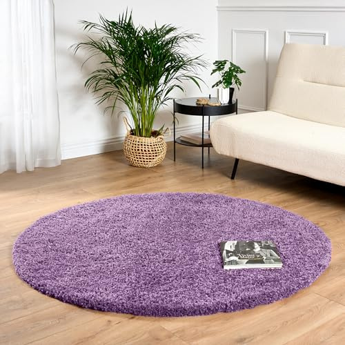 Bravich Round Lilac Shaggy Rug 120cm (4') 5cm Pile Lilac Circle Thick Fluffy Living Room Bedroom Hessian Backed Washable