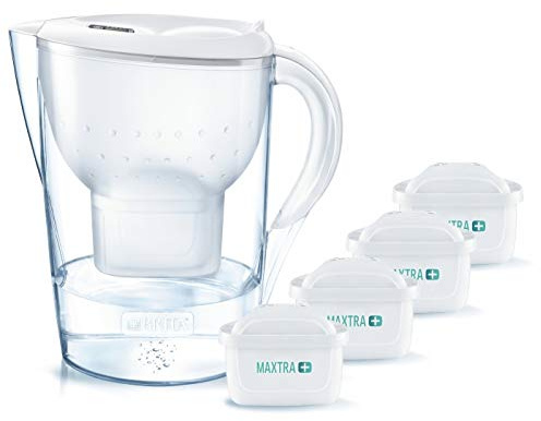 BRITA Marella XL Wasserfilter mit 4 MAXTRA+ Pure Performance, Wasserfilter, der bei der Reduzierung von Kalk und Chlor hilft (Weiß)